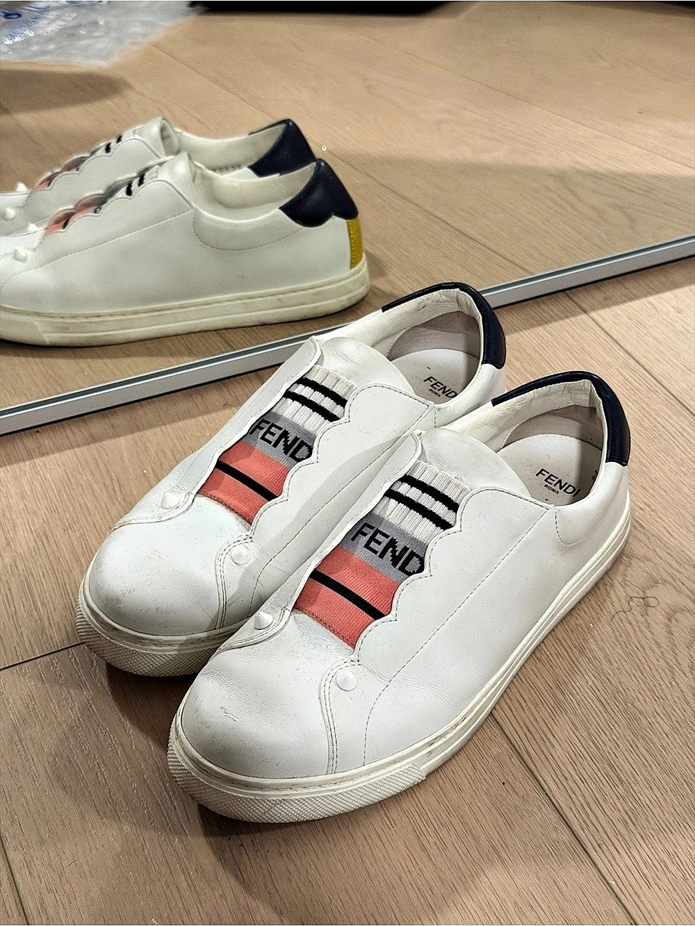 Fendi Rockoclick Leather Slip-On Sneakers White & Gold